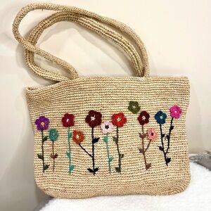 Floral Embroidered Straw Tote Bag